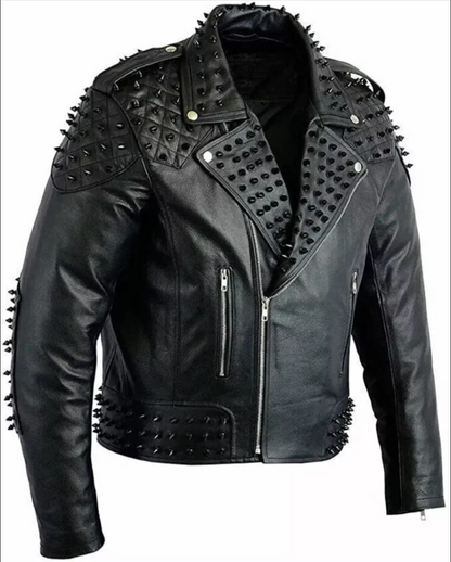 Men's Black Leather Motorcycle Jacket With Metal Spikes