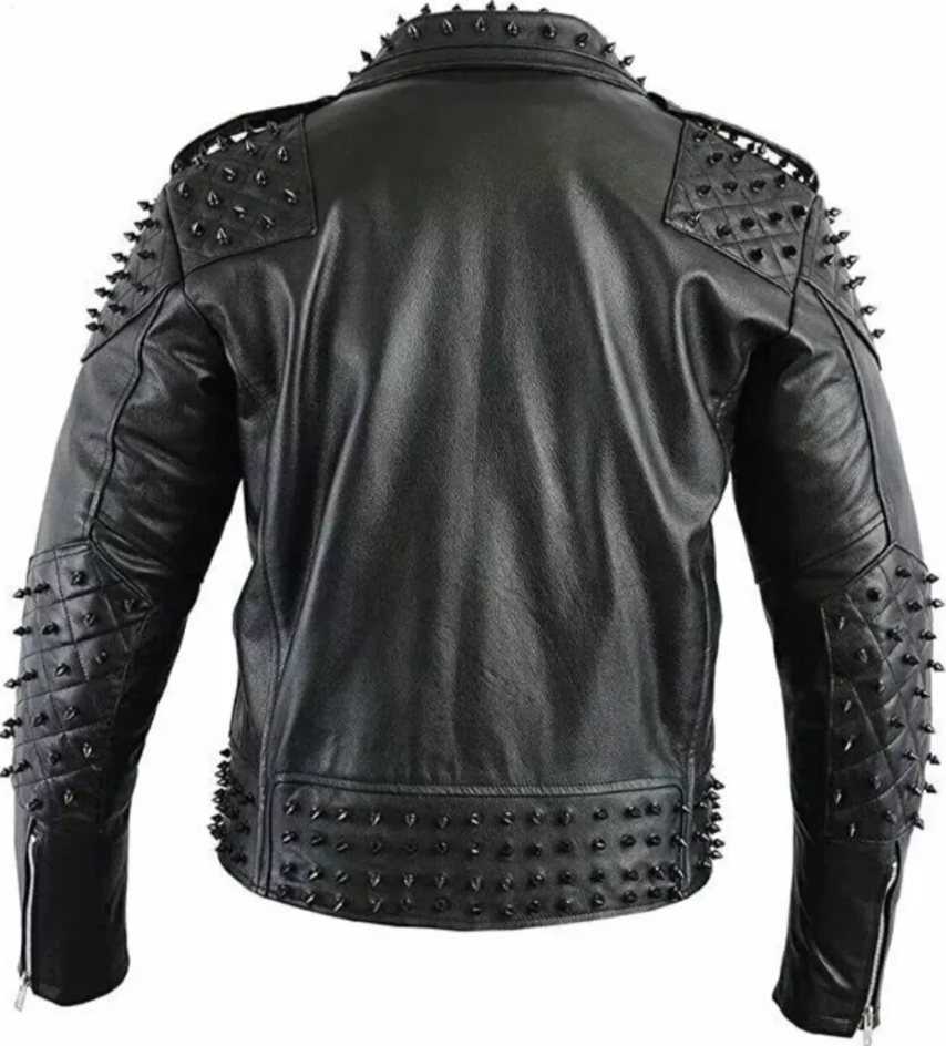 Men's Black Leather Motorcycle Jacket With Metal Spikes