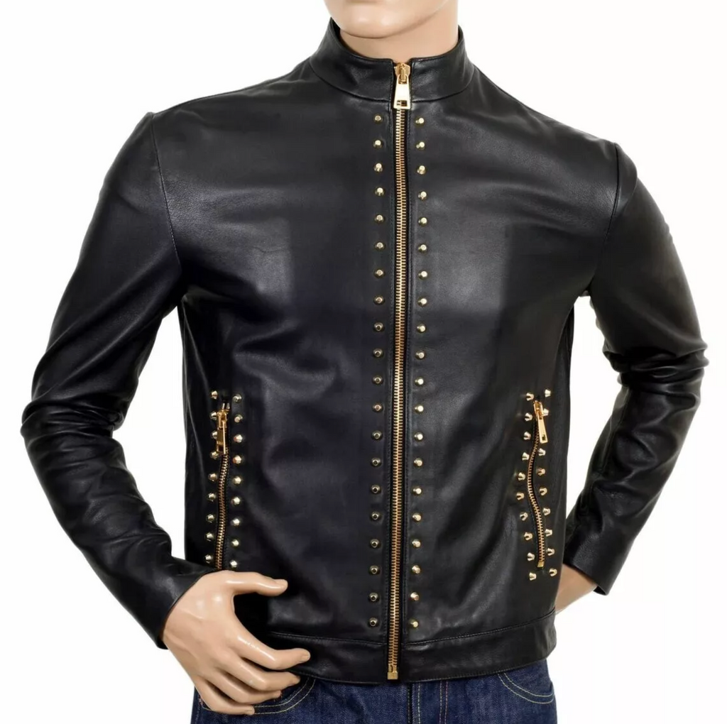 Men's Black Soft Leather Golden Studded Jacket