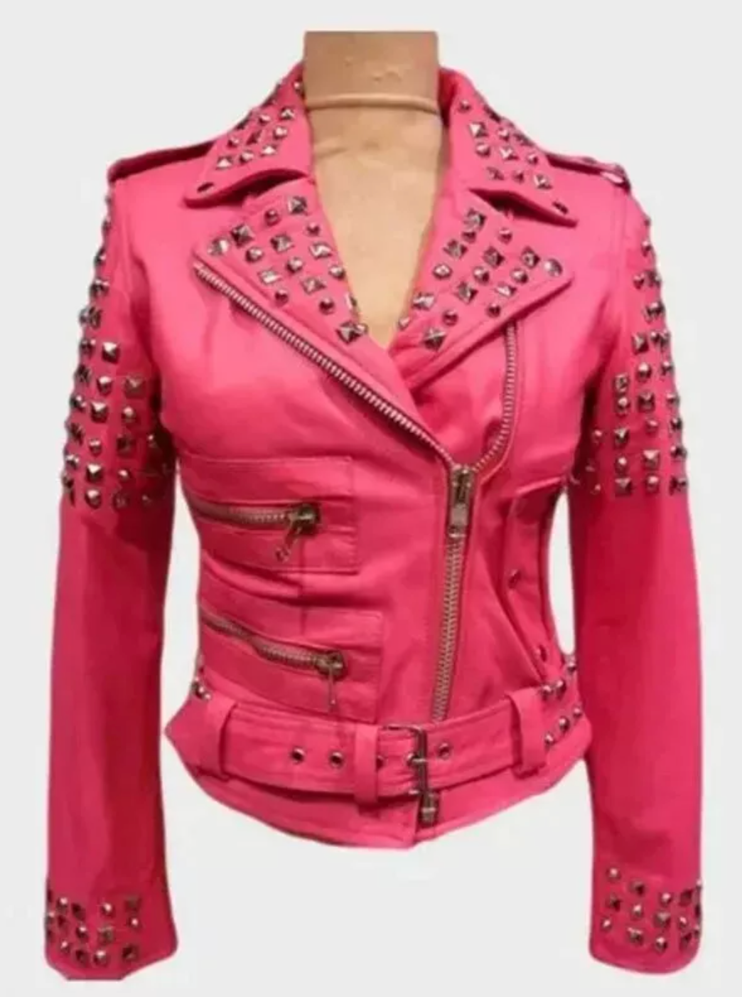 women's silver studded pink leather jacket