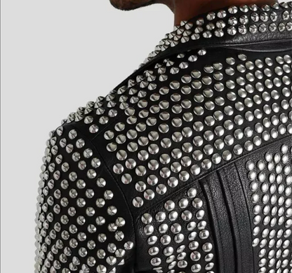 Mens leather jacket With silver Studded Motor bike