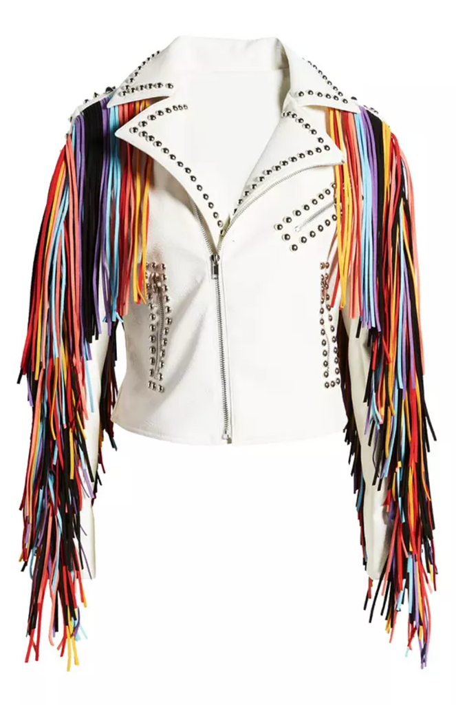 Women's studded fringe leather jacket