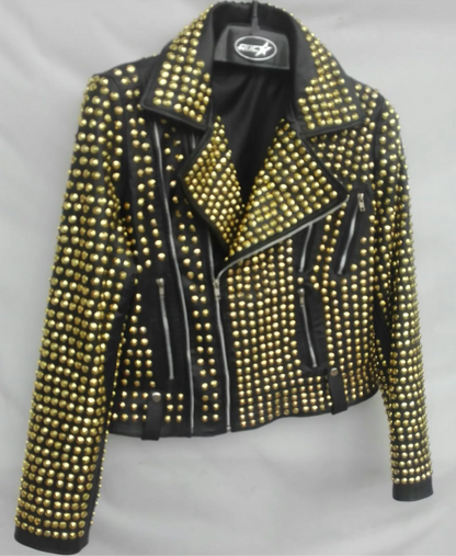 Ladies Golden Studded Leather Jacket