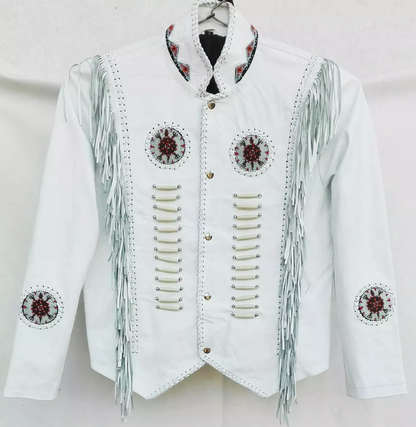 Men's Western Cowboy White Fringes Leather Jacket