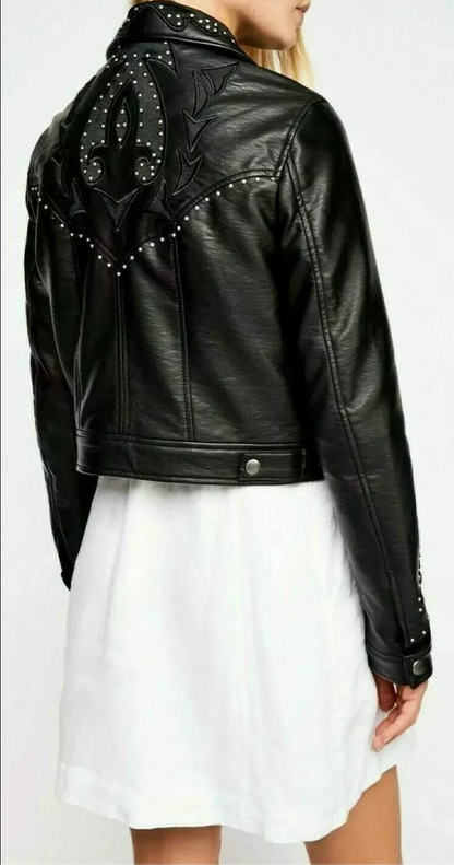 Ladies Studded Leather Jacket Western Moto