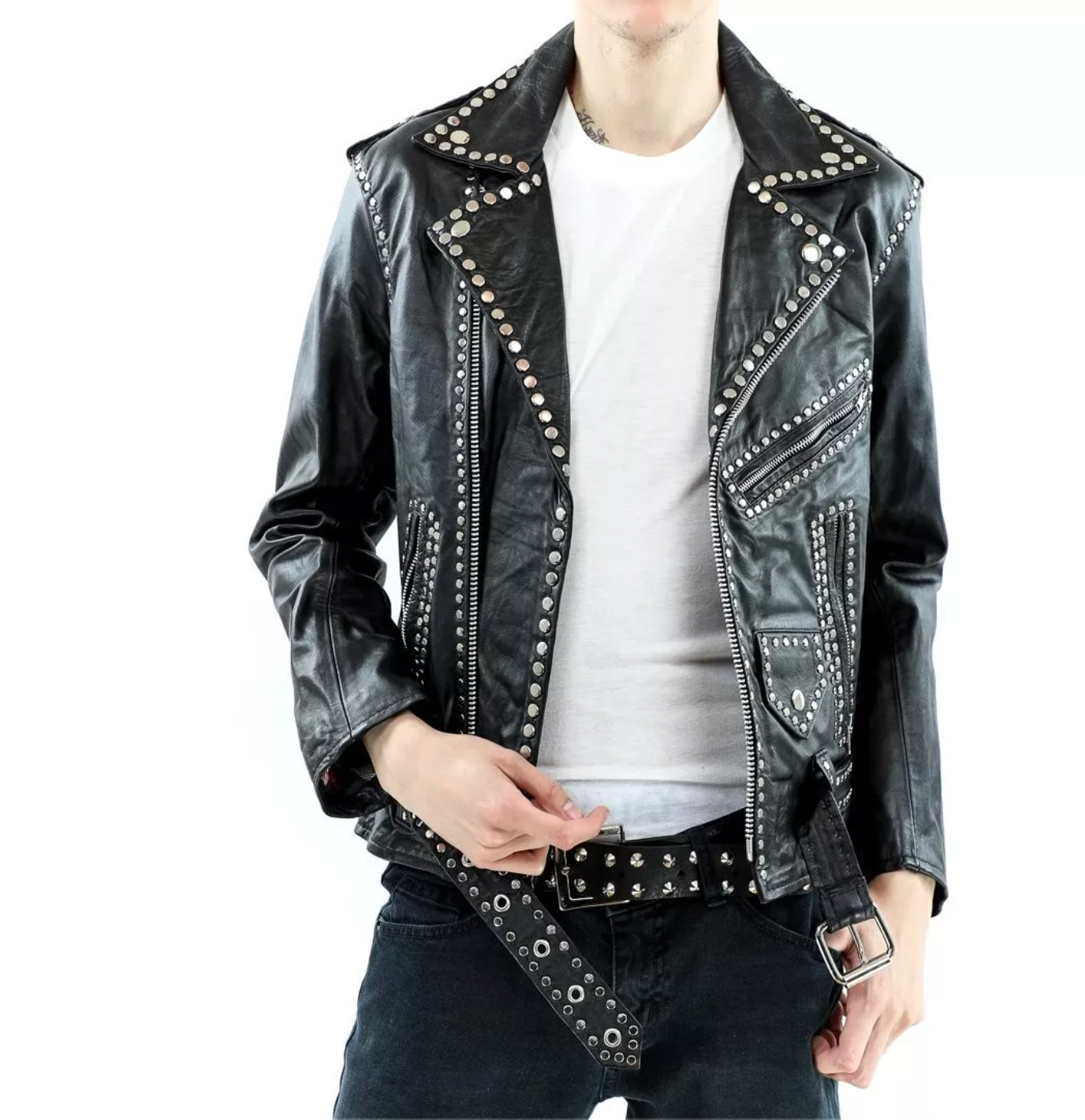 Genuine Leather Studded Biker Jacket Men's