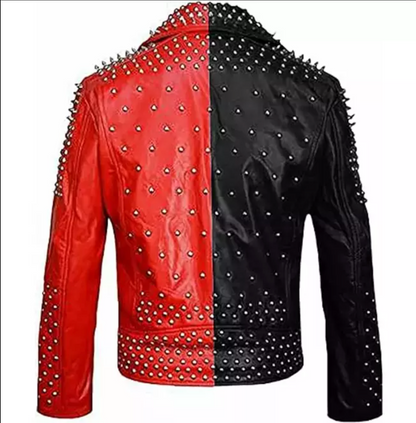 Men's Punk Studded Spiked Leather Jacket Black Red