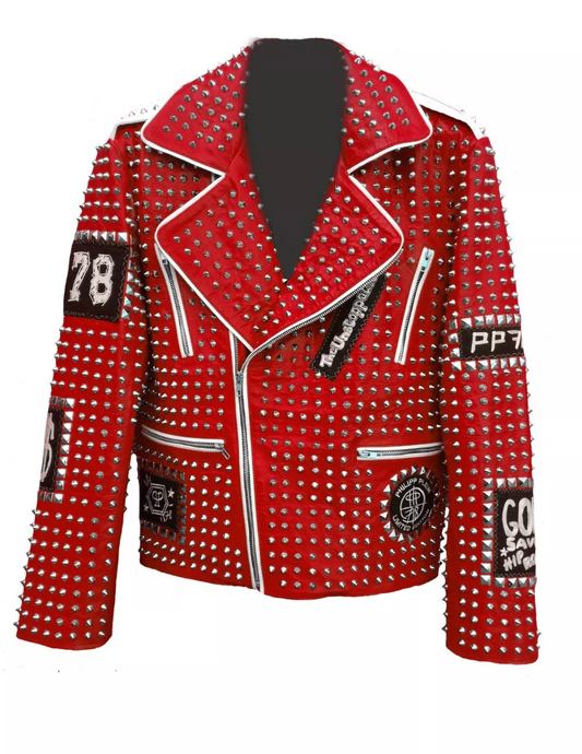 Men's Punk Style Studded Red Leather Jacket