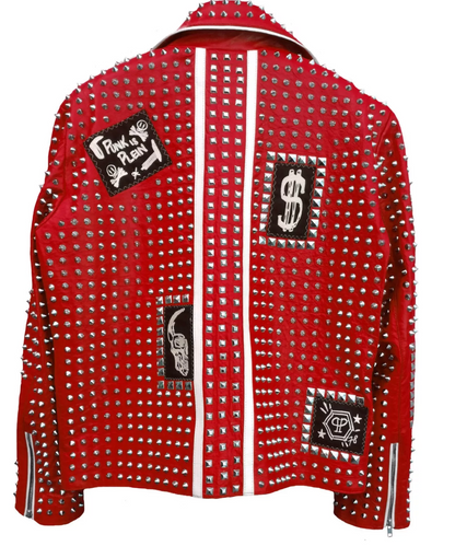 Men's Punk Style Studded Red Leather Jacket