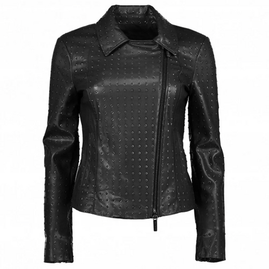 women's studded black colour biker leather jacket