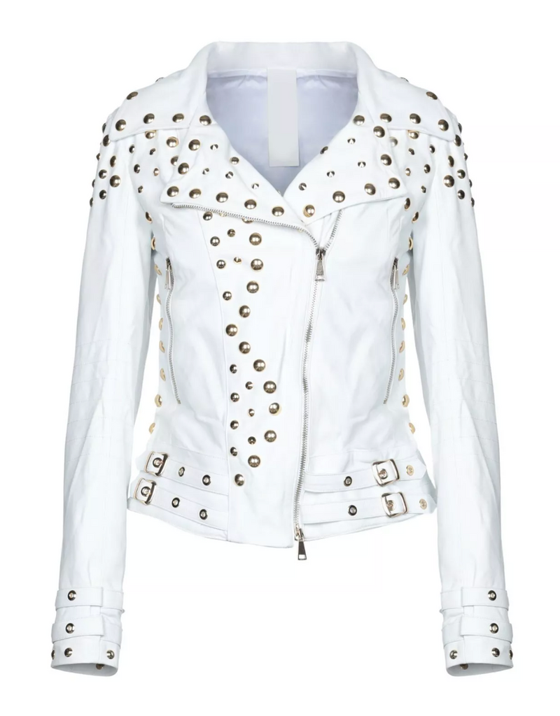 Women's punk golden studded white leather jacket