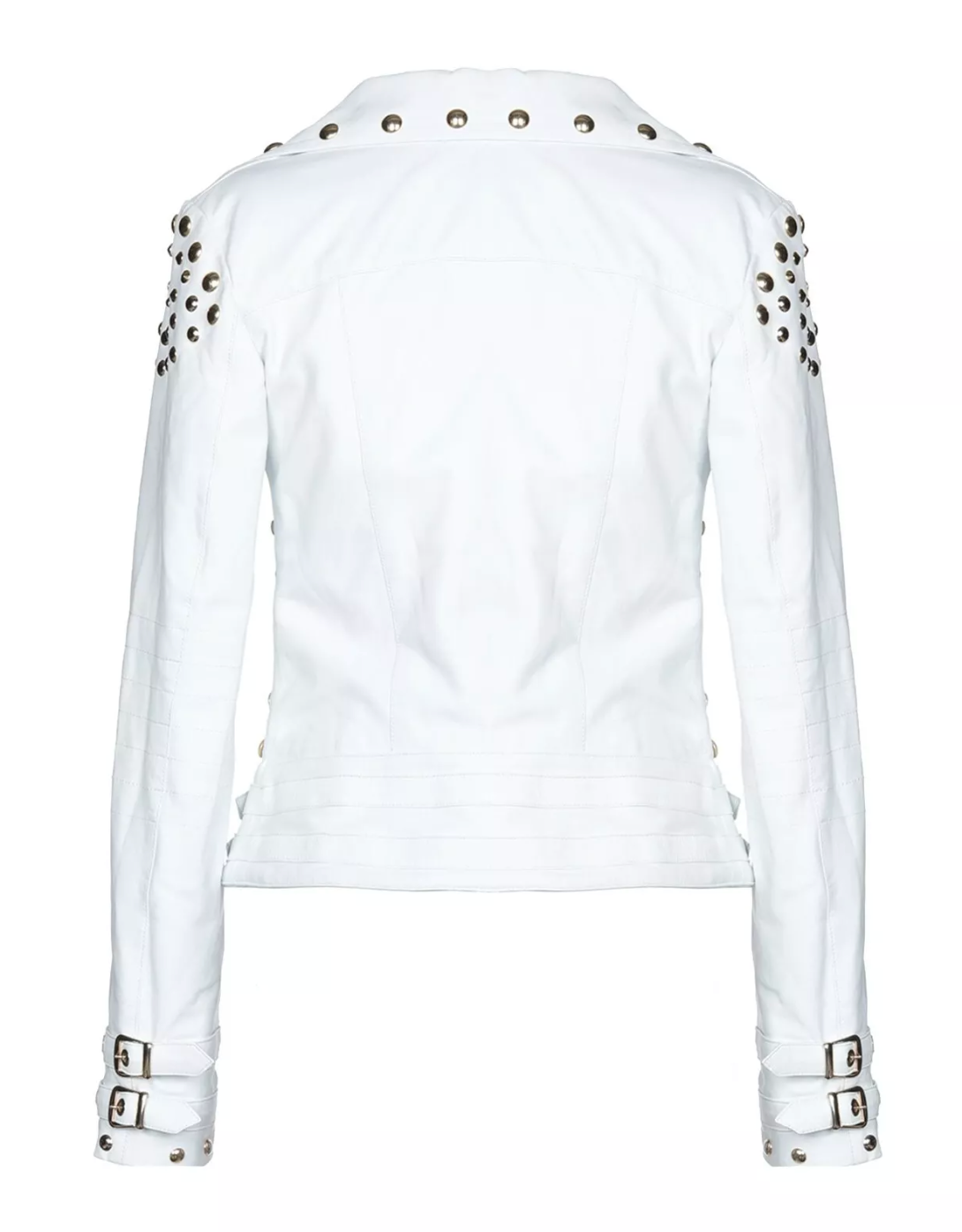 Women's punk golden studded white leather jacket