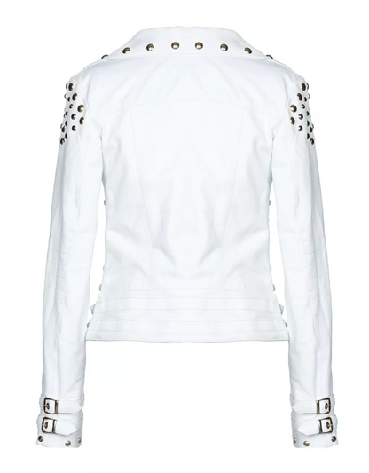 Women's punk golden studded white leather jacket