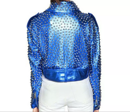 Women's Blue Leather Silver Studded Jacket