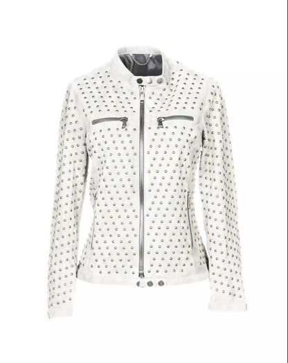 Women's Bomber White Leather Jacket Silver Studded