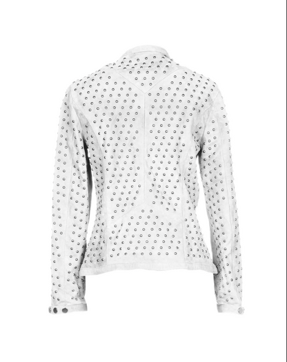 Women's Bomber White Leather Jacket Silver Studded