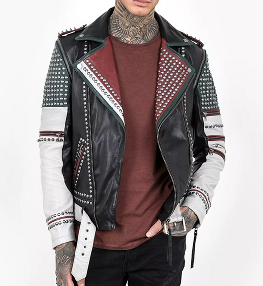 Men's Multicolour Punk Leather Jacket With Studded