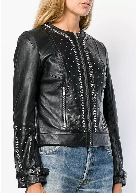 Women's Black Leather Jacket Studded Biker