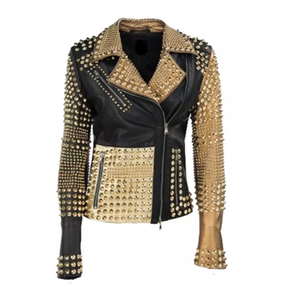 Women's Golden Black Studded Leather Jacket