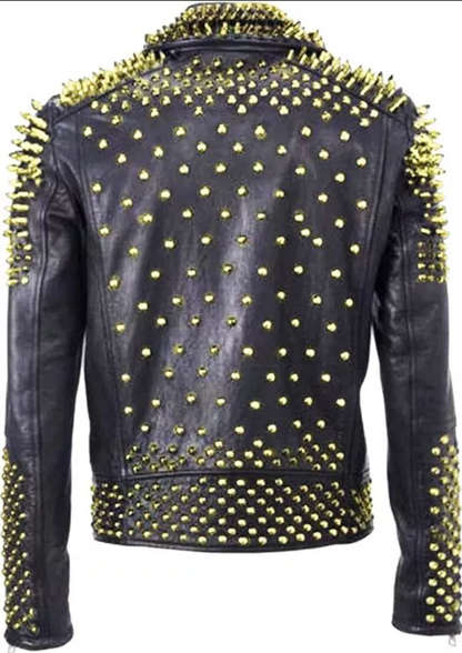 Men's Golden Studded Leather Jacket Biker