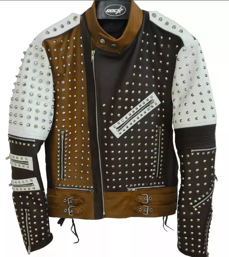 Silver Studded Leather Jacket Men's Brown Black White