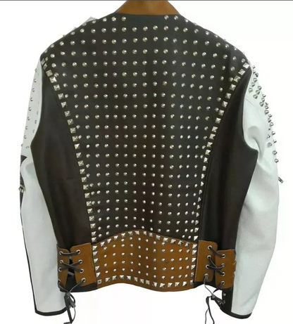 Silver Studded Leather Jacket Men's Brown Black White