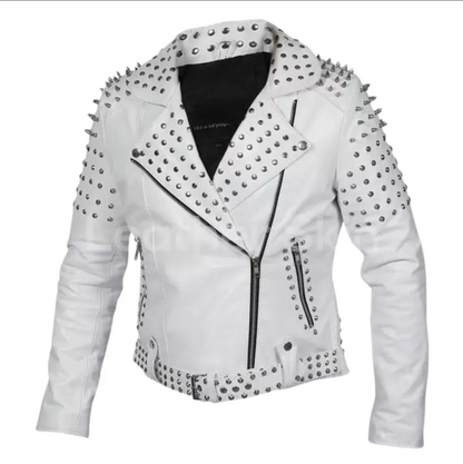 Genuine Leather White Silver Studded Jacket