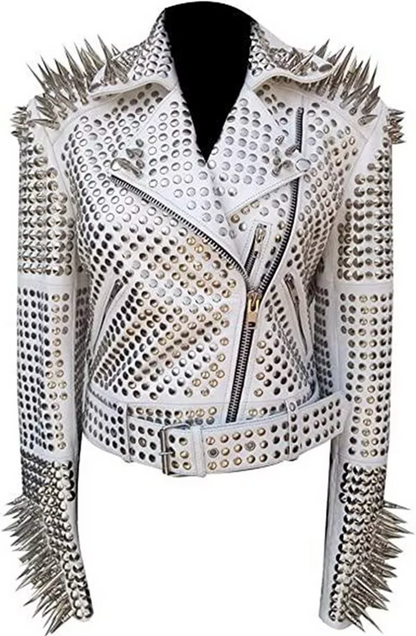 Punk White Spiked Studded Leather Jacket Biker