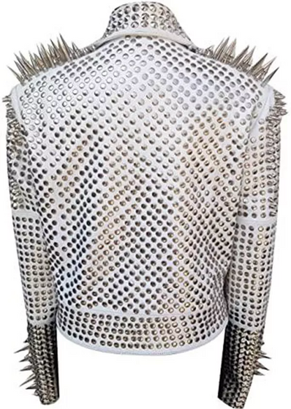 Punk White Spiked Studded Leather Jacket Biker