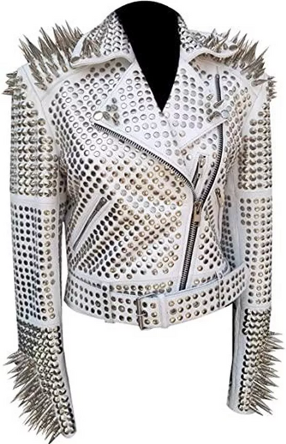 Punk White Spiked Studded Leather Jacket Biker