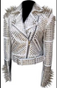 Punk White Spiked Studded Leather Jacket Biker