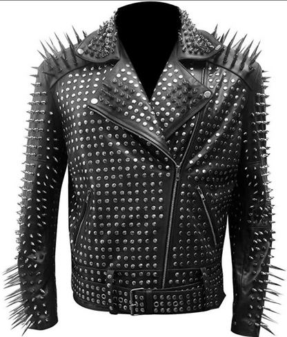 Men's Long Spiked Studded Black Leather Jacket