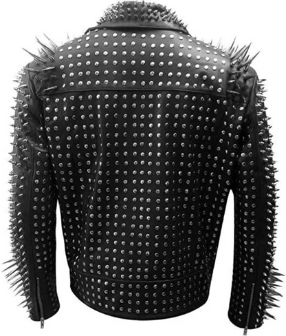 Men's Long Spiked Studded Black Leather Jacket