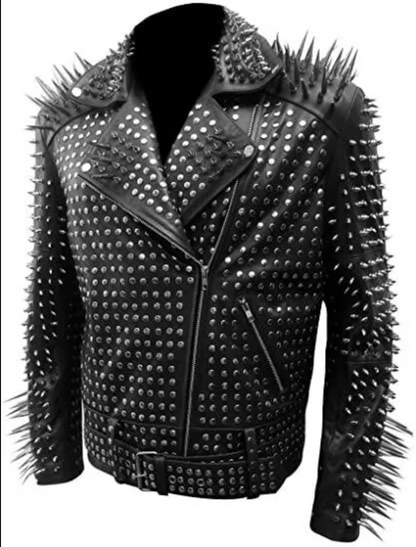 Men's Long Spiked Studded Black Leather Jacket