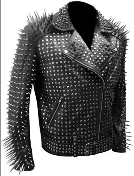 Men's Long Spiked Studded Black Leather Jacket