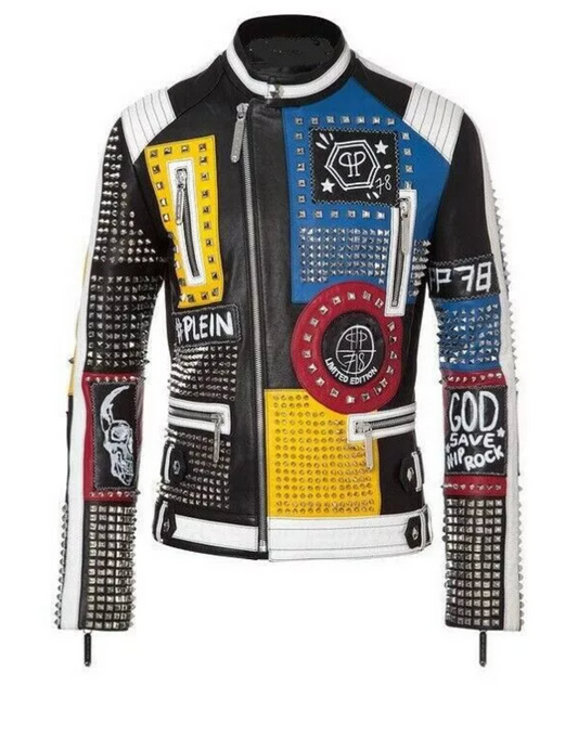 Men's Multicolor Motorcycle Punk Studded Leather Jacket