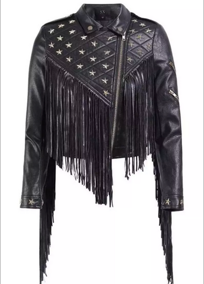 Women's Star Studded Leather Jacket Fringes