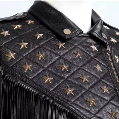 Women's Star Studded Leather Jacket Fringes