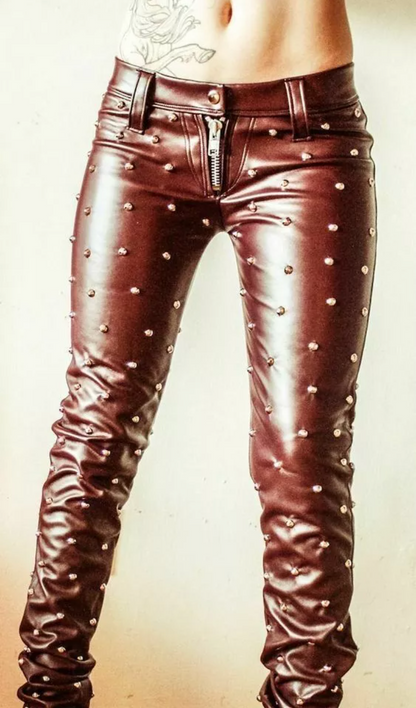 Women's Maroon Leather Bespoke Pants