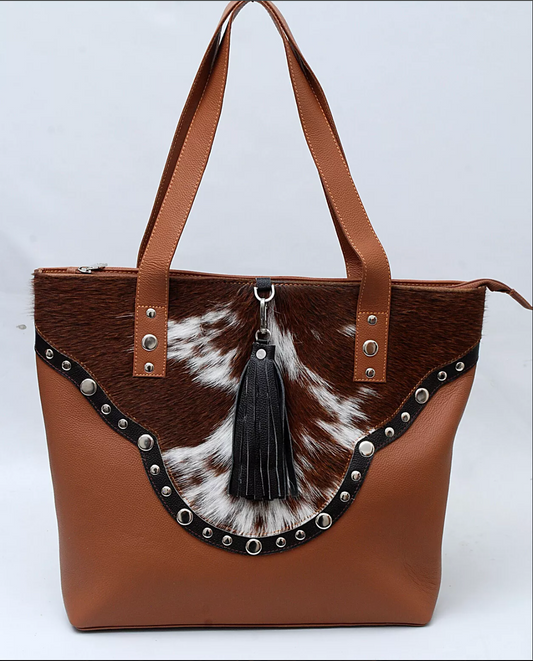 Brown White Cowhide Tote Bag With Studs