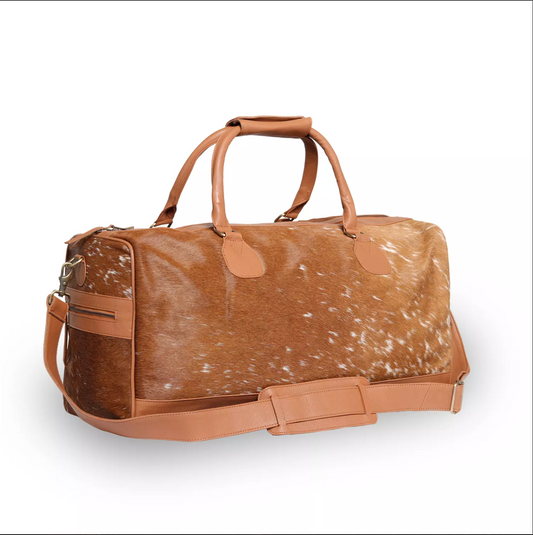 Handmade Brown White Cowhide Duffle Bag