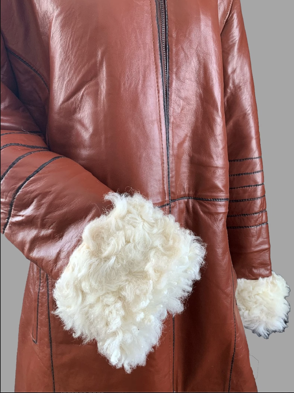 women's leather fur trim trench coat