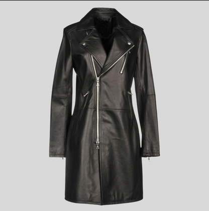 Genuine Leather Women's Long Trench Jacket