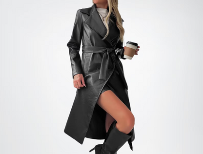 Women's black leather trench coat