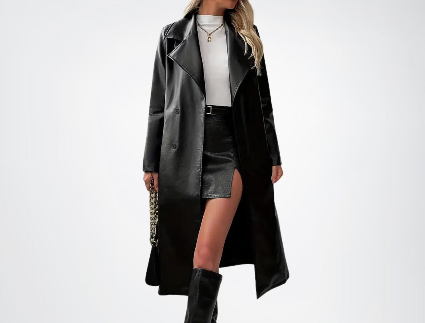 Women's black leather trench coat