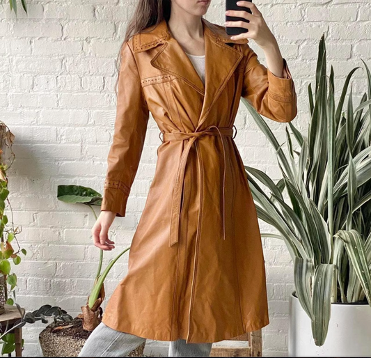 women's brown leather trench coat Long