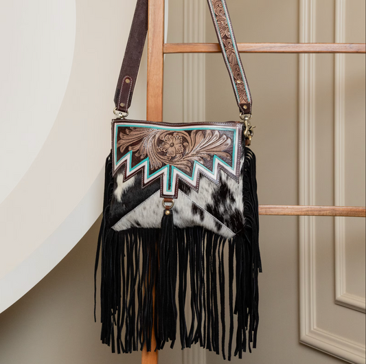 Cowhide Tooled Bag Crossbody Fringe