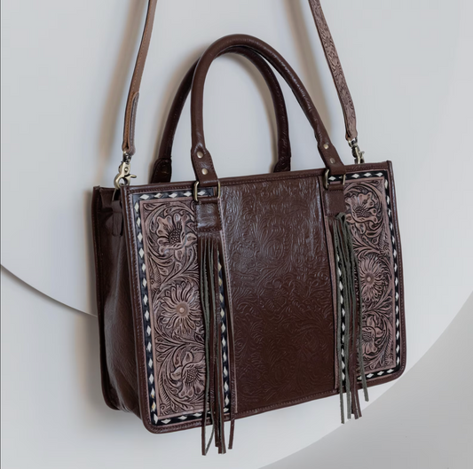 Embossed Tooled Leather Tote Purse