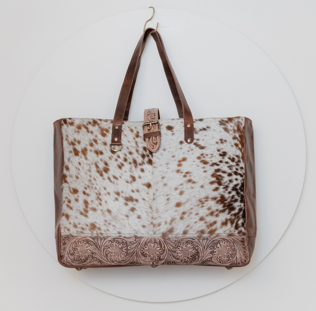 Large Cowhide Tote With Tooled Leather