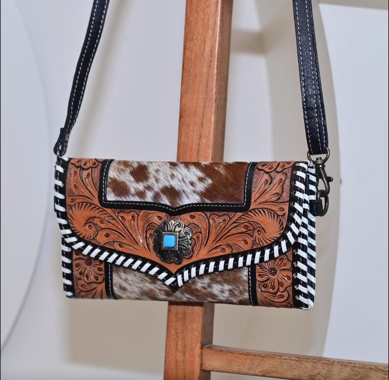 Cowhide Clutch Crossbody Bag With Tooled Leather